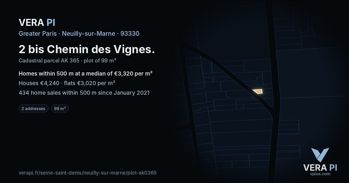 2 bis Chemin des Vignes, Neuilly-sur-Marne at night – the plot lit, the parcels around coloured by the prices near them