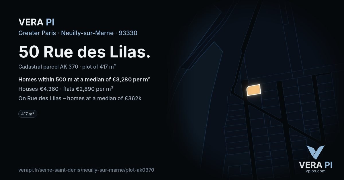 50 Rue des Lilas, Neuilly-sur-Marne at night – the plot lit, the parcels around coloured by the prices near them