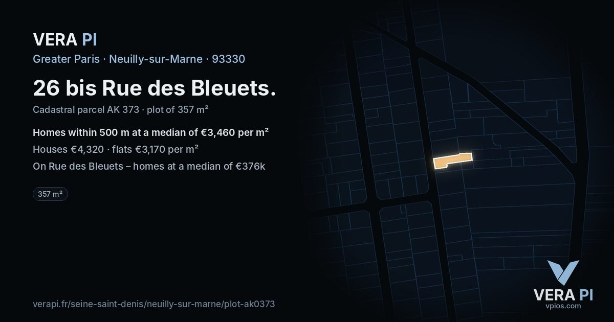 26 bis Rue des Bleuets, Neuilly-sur-Marne at night – the plot lit, the parcels around coloured by the prices near them