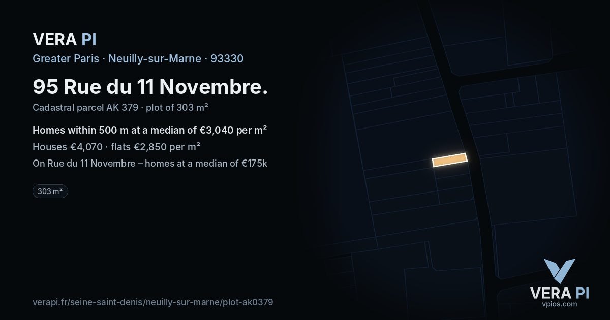95 Rue du 11 Novembre, Neuilly-sur-Marne at night – the plot lit, the parcels around coloured by the prices near them