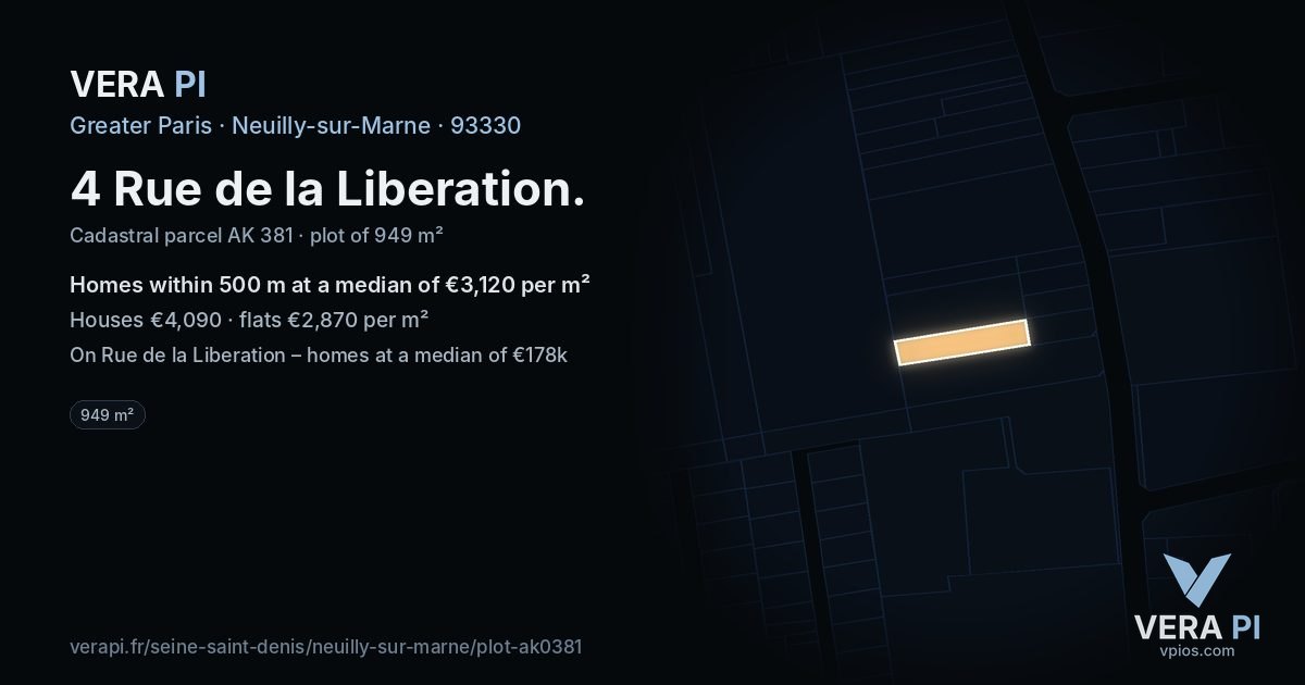 4 Rue de la Liberation, Neuilly-sur-Marne at night – the plot lit, the parcels around coloured by the prices near them