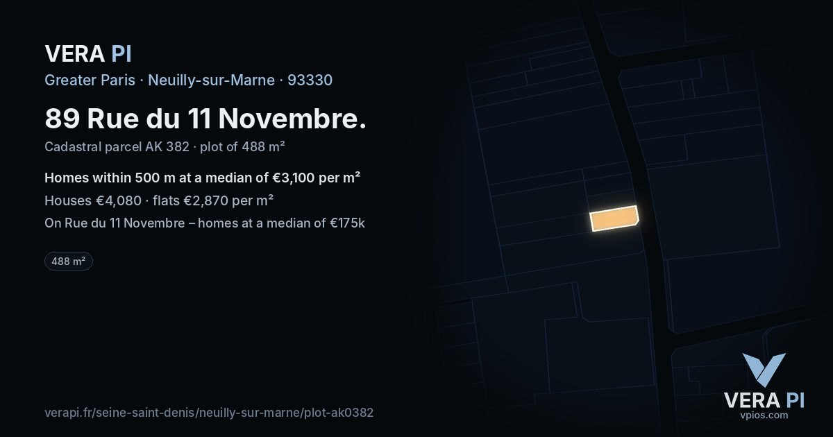 89 Rue du 11 Novembre, Neuilly-sur-Marne at night – the plot lit, the parcels around coloured by the prices near them