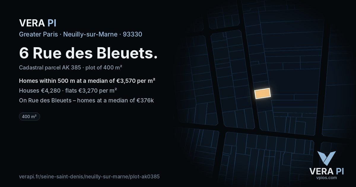 6 Rue des Bleuets, Neuilly-sur-Marne at night – the plot lit, the parcels around coloured by the prices near them