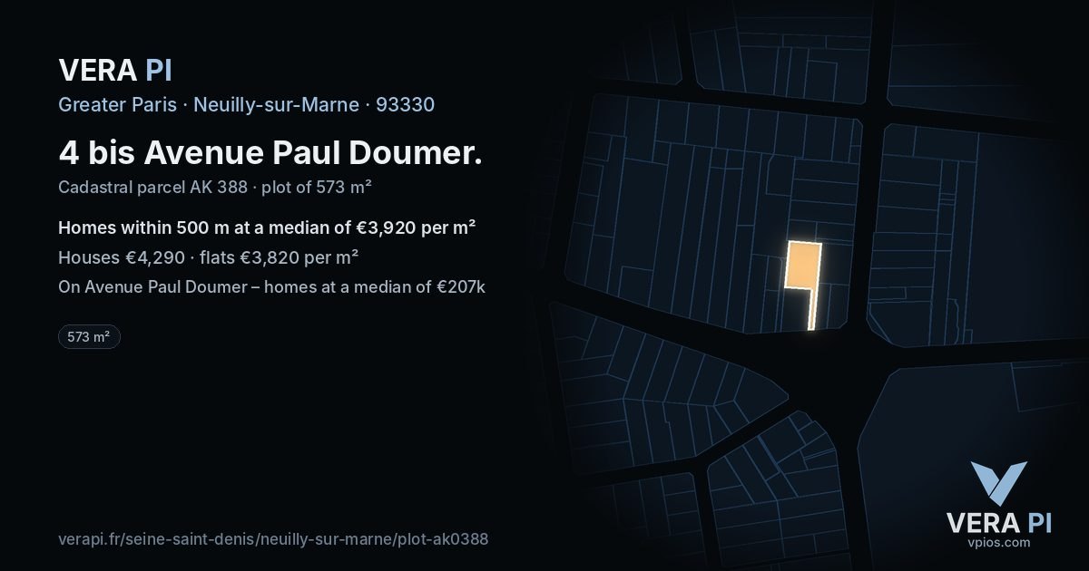4 bis Avenue Paul Doumer, Neuilly-sur-Marne at night – the plot lit, the parcels around coloured by the prices near them