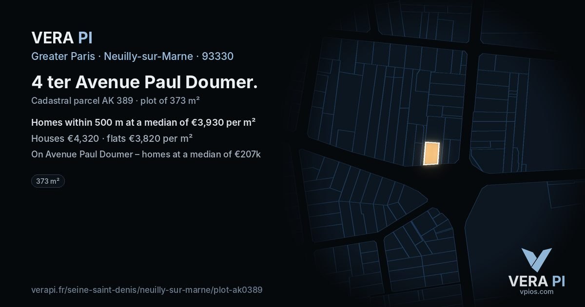 4 ter Avenue Paul Doumer, Neuilly-sur-Marne at night – the plot lit, the parcels around coloured by the prices near them