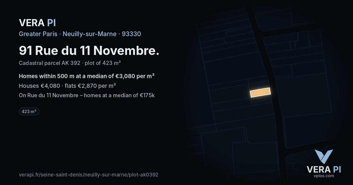 91 Rue du 11 Novembre, Neuilly-sur-Marne at night – the plot lit, the parcels around coloured by the prices near them