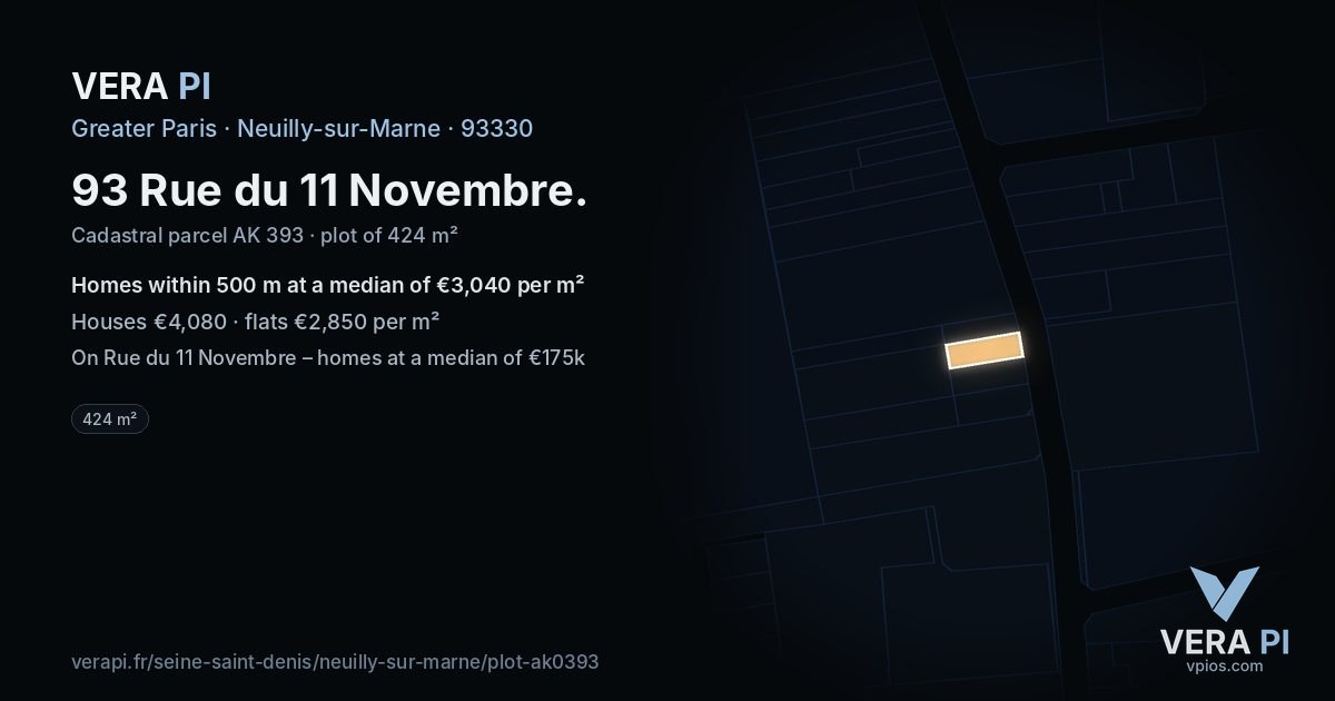 93 Rue du 11 Novembre, Neuilly-sur-Marne at night – the plot lit, the parcels around coloured by the prices near them