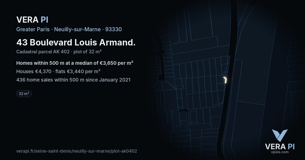 43 Boulevard Louis Armand, Neuilly-sur-Marne at night – the plot lit, the parcels around coloured by the prices near them