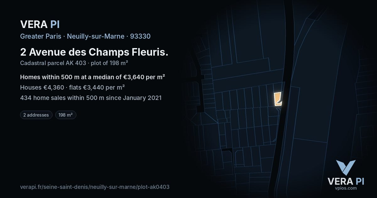2 Avenue des Champs Fleuris, Neuilly-sur-Marne at night – the plot lit, the parcels around coloured by the prices near them