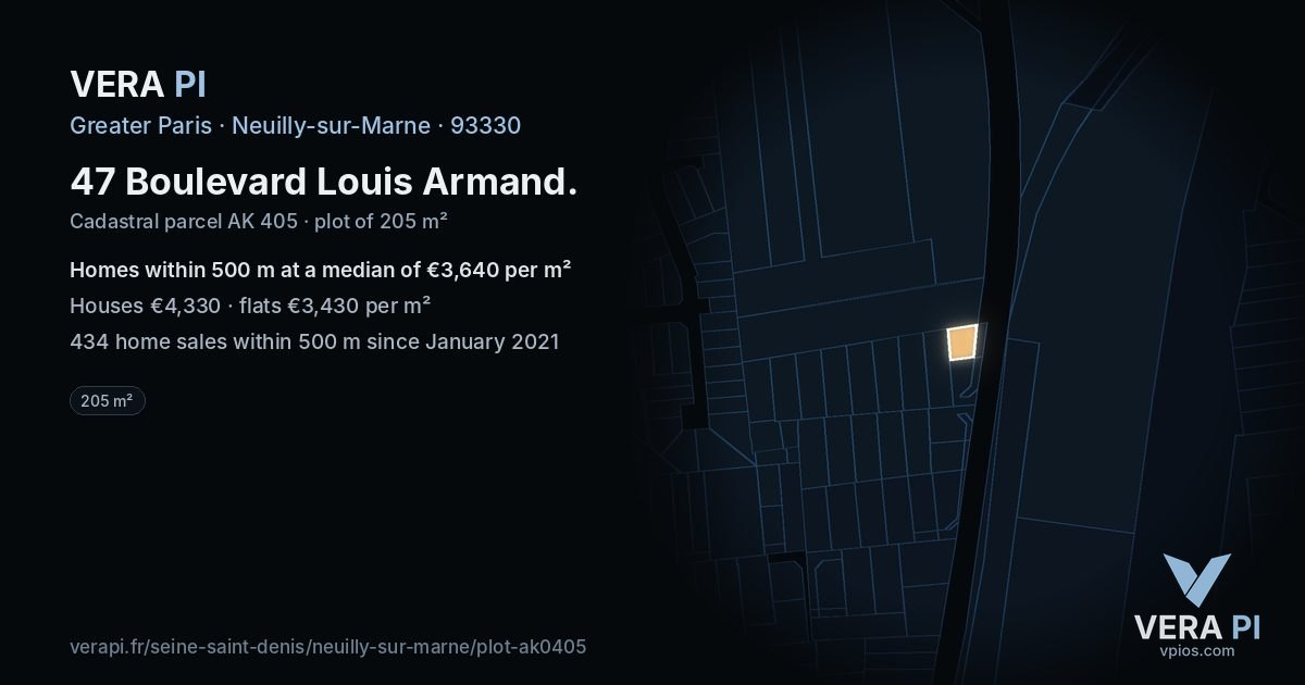47 Boulevard Louis Armand, Neuilly-sur-Marne at night – the plot lit, the parcels around coloured by the prices near them