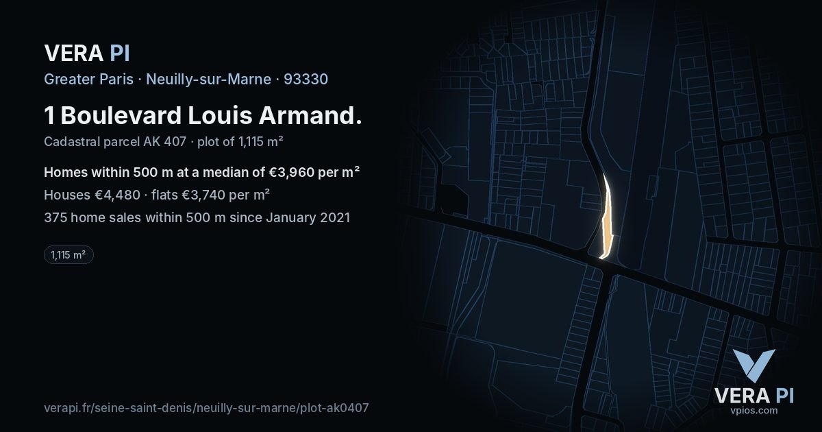 1 Boulevard Louis Armand, Neuilly-sur-Marne at night – the plot lit, the parcels around coloured by the prices near them