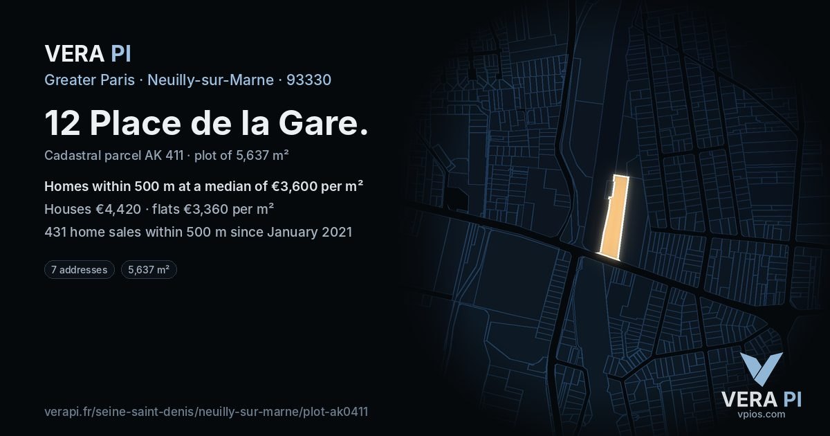 12 Place de la Gare, Neuilly-sur-Marne at night – the plot lit, the parcels around coloured by the prices near them