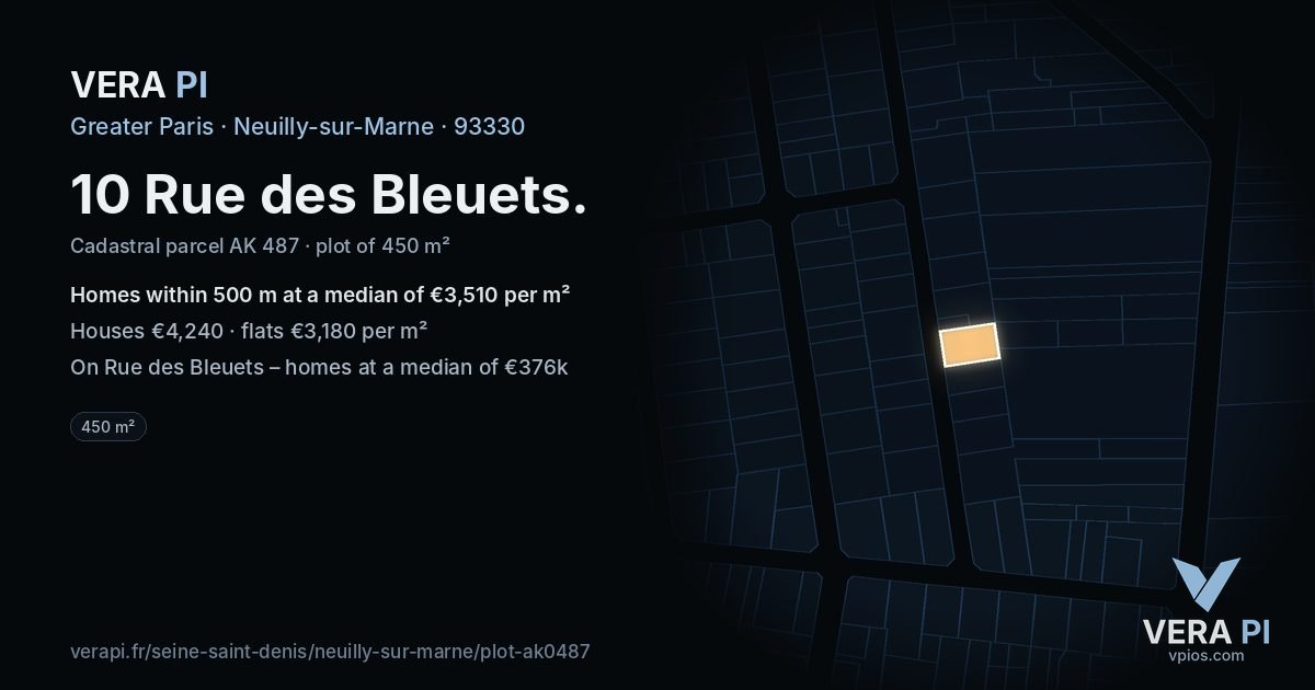 10 Rue des Bleuets, Neuilly-sur-Marne at night – the plot lit, the parcels around coloured by the prices near them