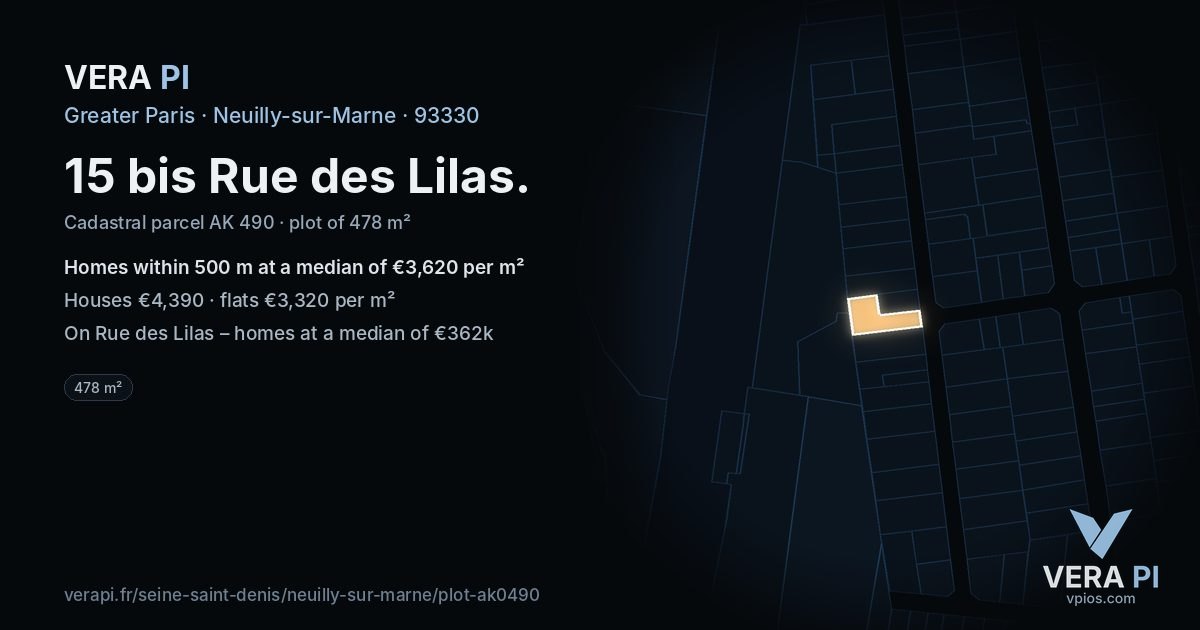 15 bis Rue des Lilas, Neuilly-sur-Marne at night – the plot lit, the parcels around coloured by the prices near them