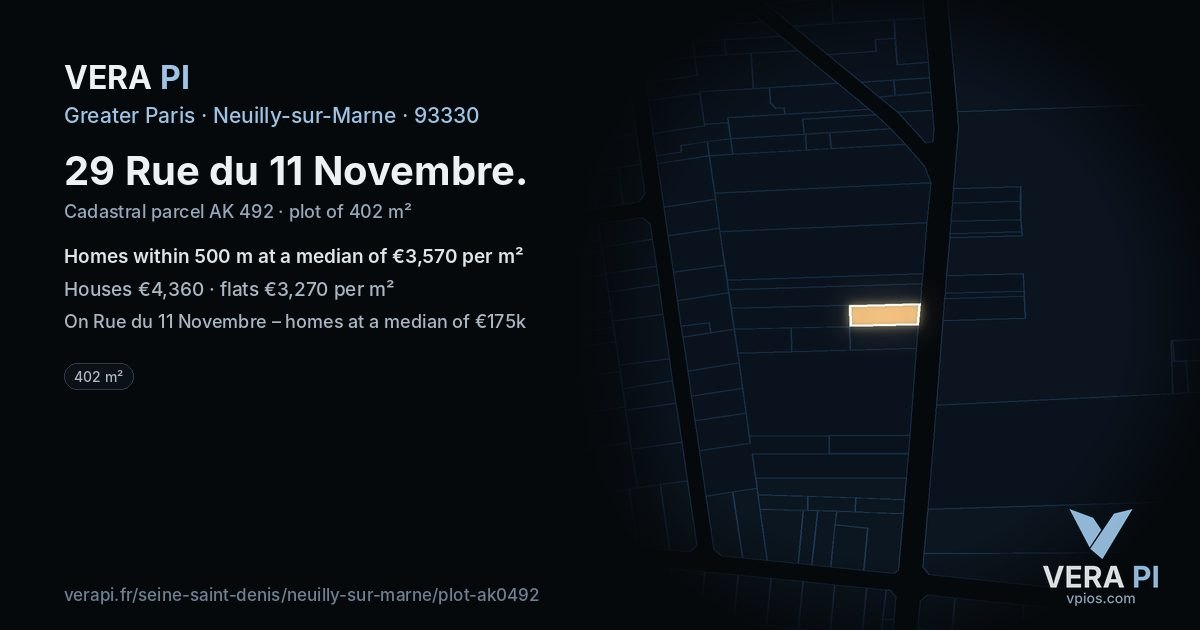 29 Rue du 11 Novembre, Neuilly-sur-Marne at night – the plot lit, the parcels around coloured by the prices near them