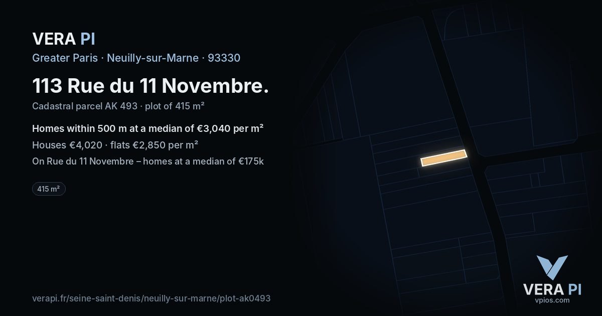 113 Rue du 11 Novembre, Neuilly-sur-Marne at night – the plot lit, the parcels around coloured by the prices near them