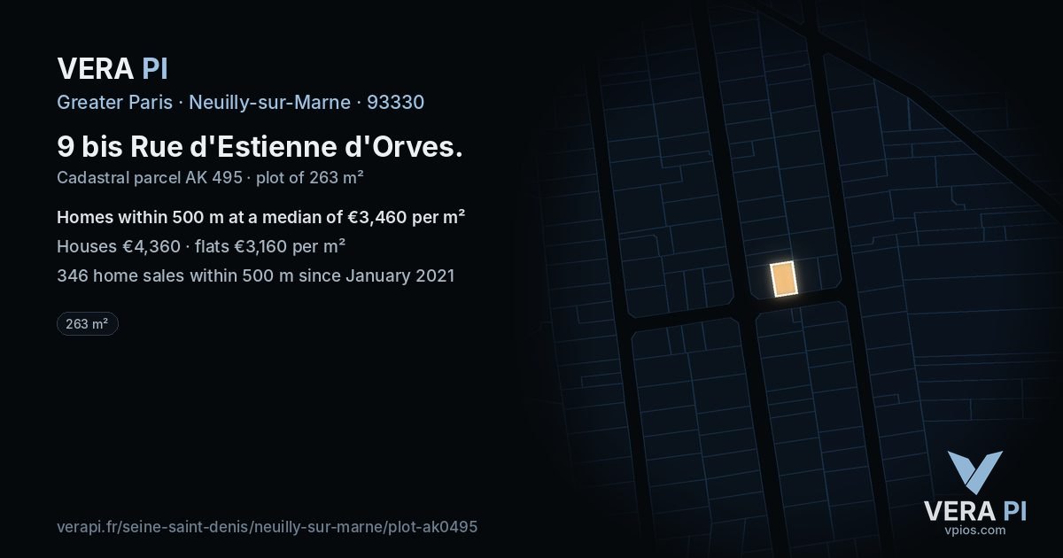 9 bis Rue d'Estienne d'Orves, Neuilly-sur-Marne at night – the plot lit, the parcels around coloured by the prices near them