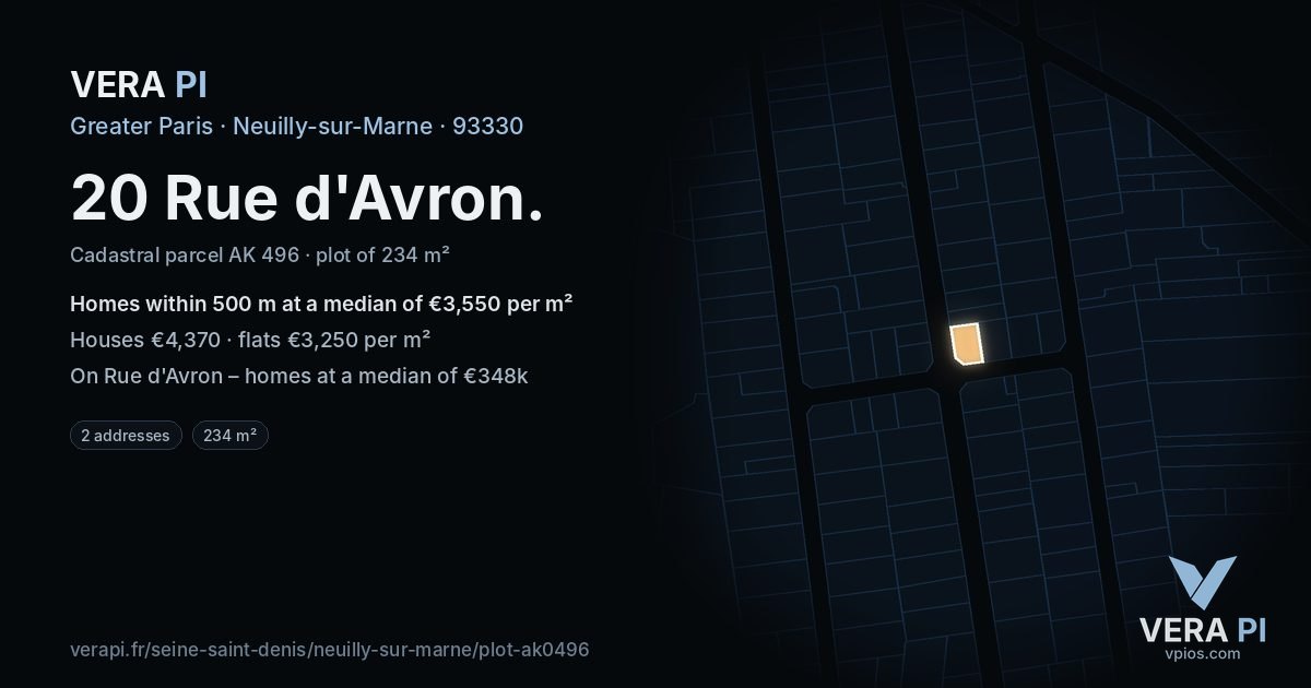 20 Rue d'Avron, Neuilly-sur-Marne at night – the plot lit, the parcels around coloured by the prices near them