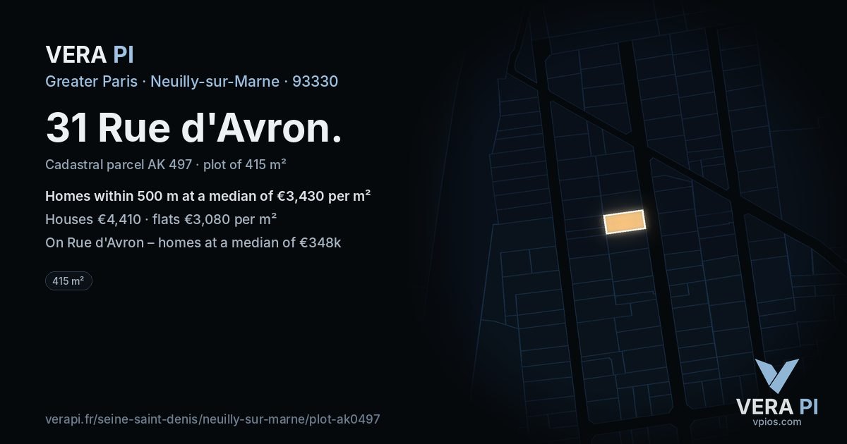 31 Rue d'Avron, Neuilly-sur-Marne at night – the plot lit, the parcels around coloured by the prices near them
