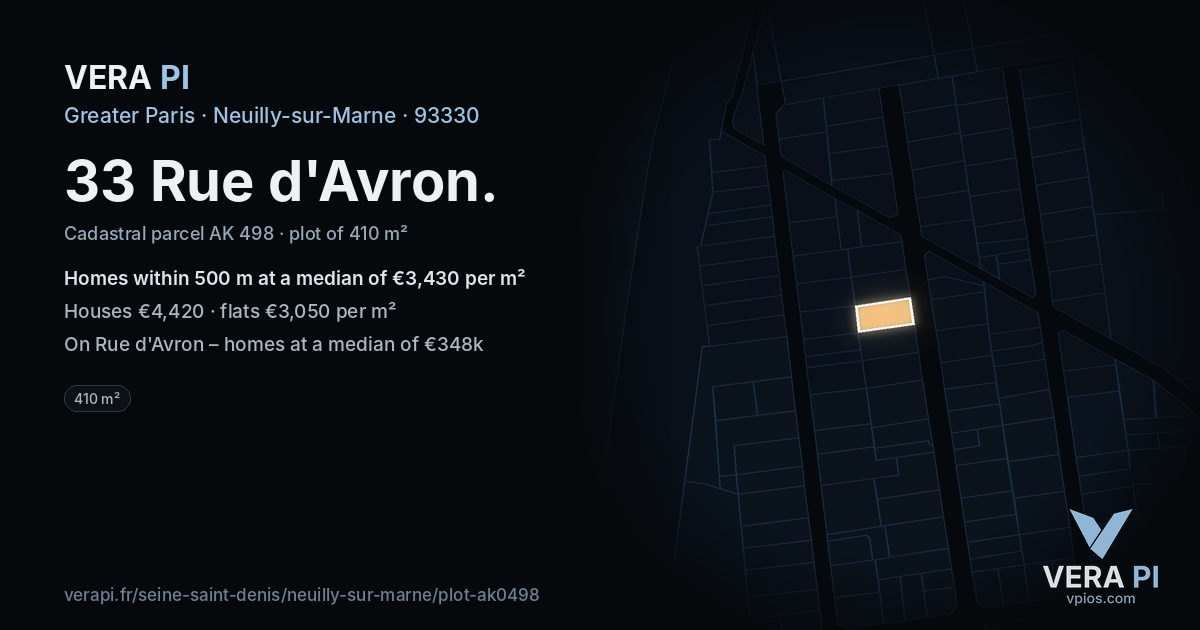 33 Rue d'Avron, Neuilly-sur-Marne at night – the plot lit, the parcels around coloured by the prices near them