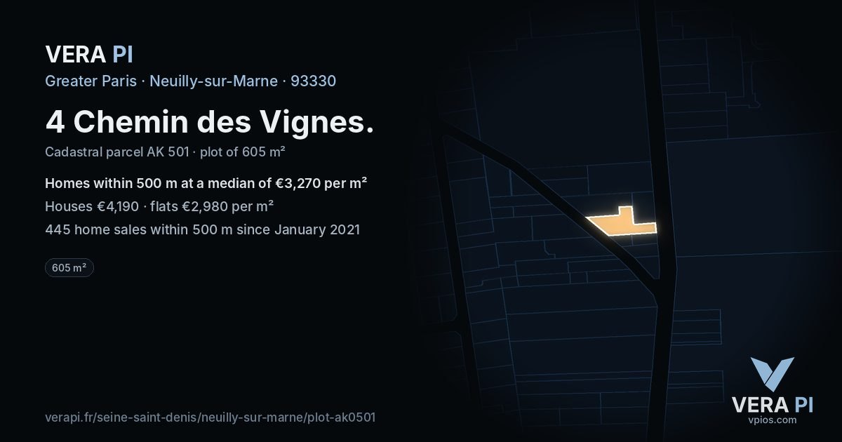 4 Chemin des Vignes, Neuilly-sur-Marne at night – the plot lit, the parcels around coloured by the prices near them