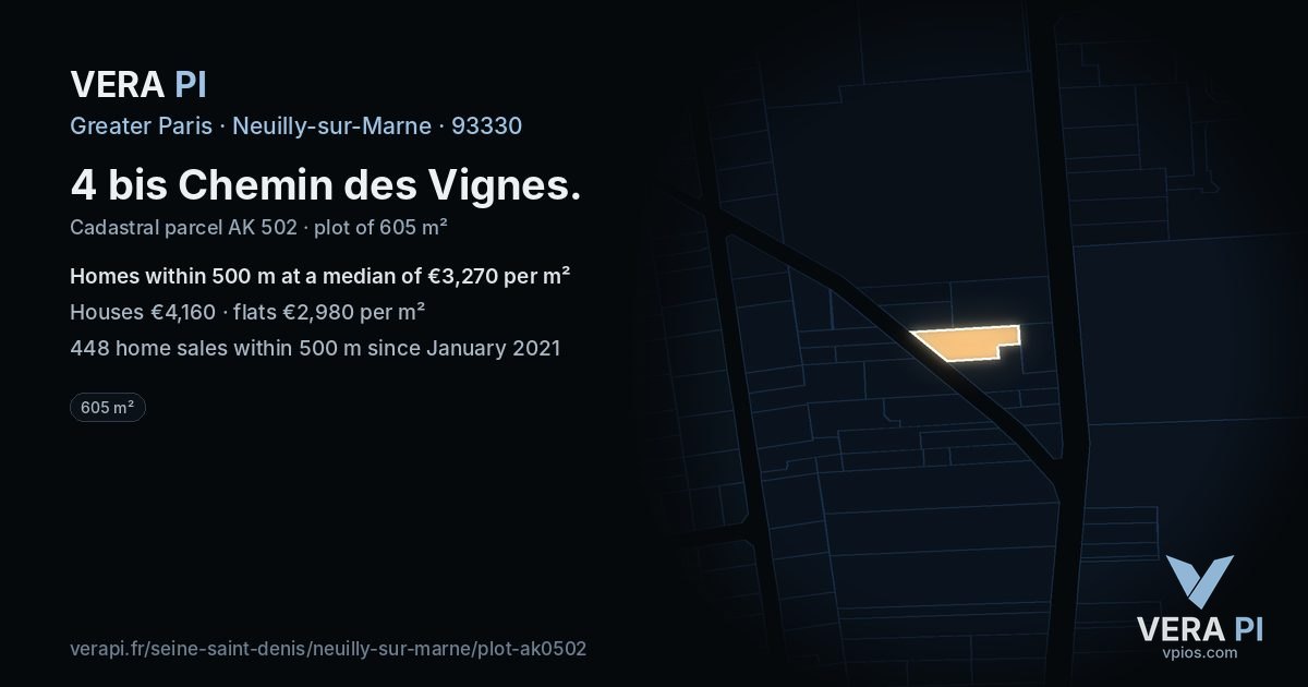 4 bis Chemin des Vignes, Neuilly-sur-Marne at night – the plot lit, the parcels around coloured by the prices near them