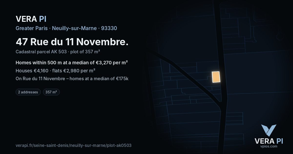 47 Rue du 11 Novembre, Neuilly-sur-Marne at night – the plot lit, the parcels around coloured by the prices near them