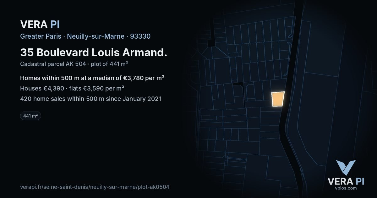 35 Boulevard Louis Armand, Neuilly-sur-Marne at night – the plot lit, the parcels around coloured by the prices near them