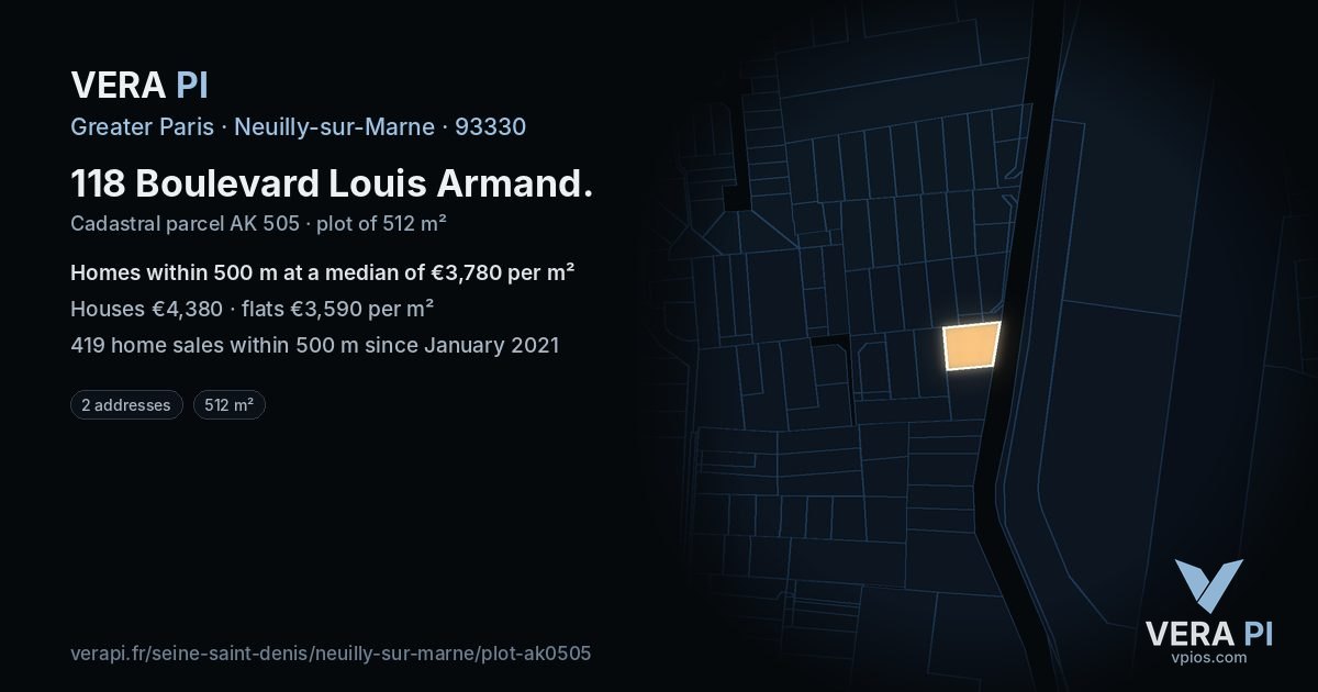 118 Boulevard Louis Armand, Neuilly-sur-Marne at night – the plot lit, the parcels around coloured by the prices near them