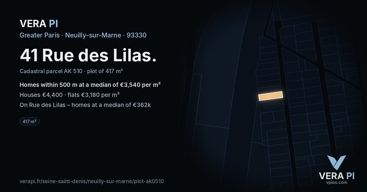 41 Rue des Lilas, Neuilly-sur-Marne at night – the plot lit, the parcels around coloured by the prices near them