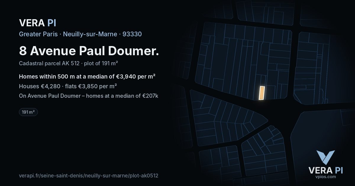 8 Avenue Paul Doumer, Neuilly-sur-Marne at night – the plot lit, the parcels around coloured by the prices near them