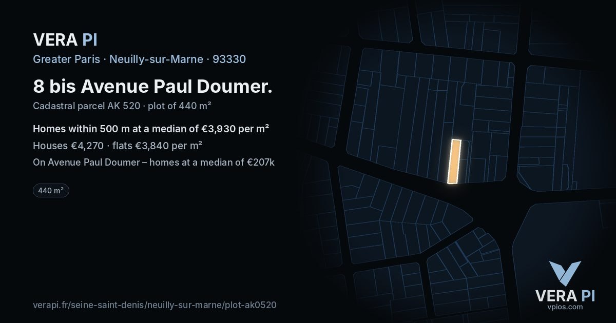 8 bis Avenue Paul Doumer, Neuilly-sur-Marne at night – the plot lit, the parcels around coloured by the prices near them