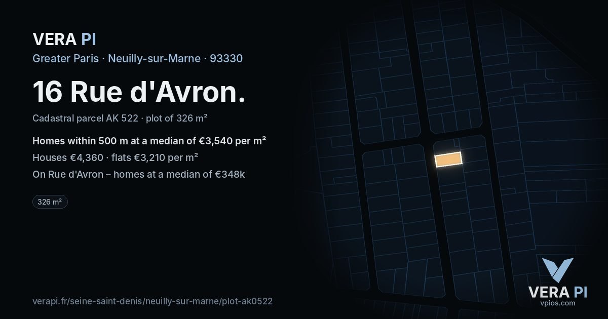 16 Rue d'Avron, Neuilly-sur-Marne at night – the plot lit, the parcels around coloured by the prices near them