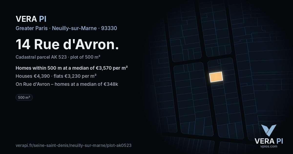 14 Rue d'Avron, Neuilly-sur-Marne at night – the plot lit, the parcels around coloured by the prices near them
