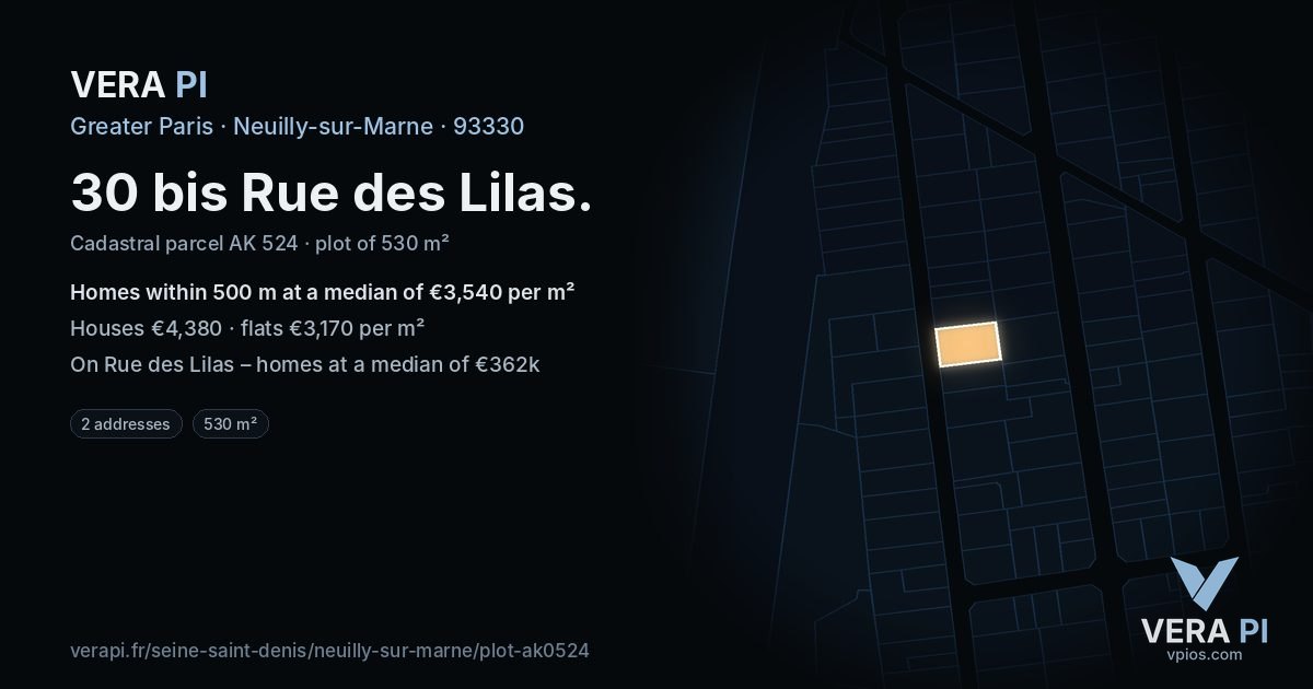 30 bis Rue des Lilas, Neuilly-sur-Marne at night – the plot lit, the parcels around coloured by the prices near them