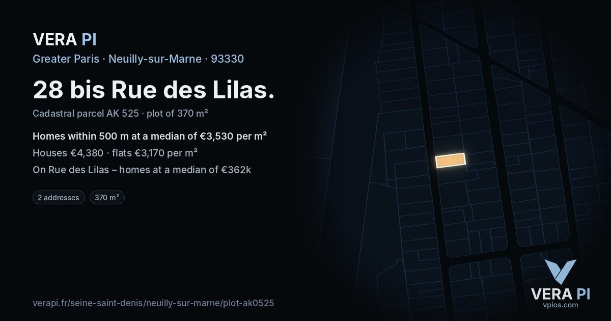 28 bis Rue des Lilas, Neuilly-sur-Marne at night – the plot lit, the parcels around coloured by the prices near them