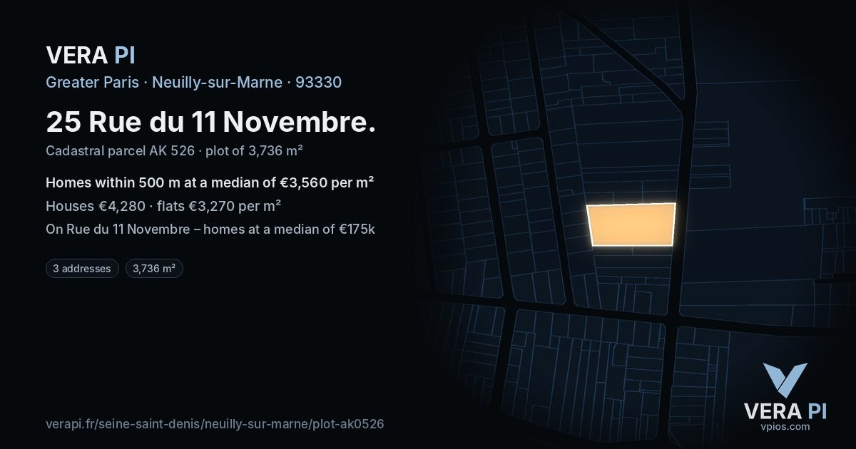 25 Rue du 11 Novembre, Neuilly-sur-Marne at night – the plot lit, the parcels around coloured by the prices near them