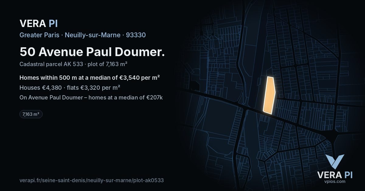 50 Avenue Paul Doumer, Neuilly-sur-Marne at night – the plot lit, the parcels around coloured by the prices near them