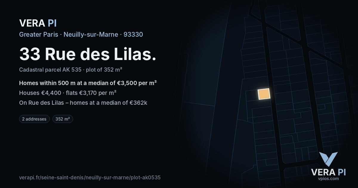 33 Rue des Lilas, Neuilly-sur-Marne at night – the plot lit, the parcels around coloured by the prices near them