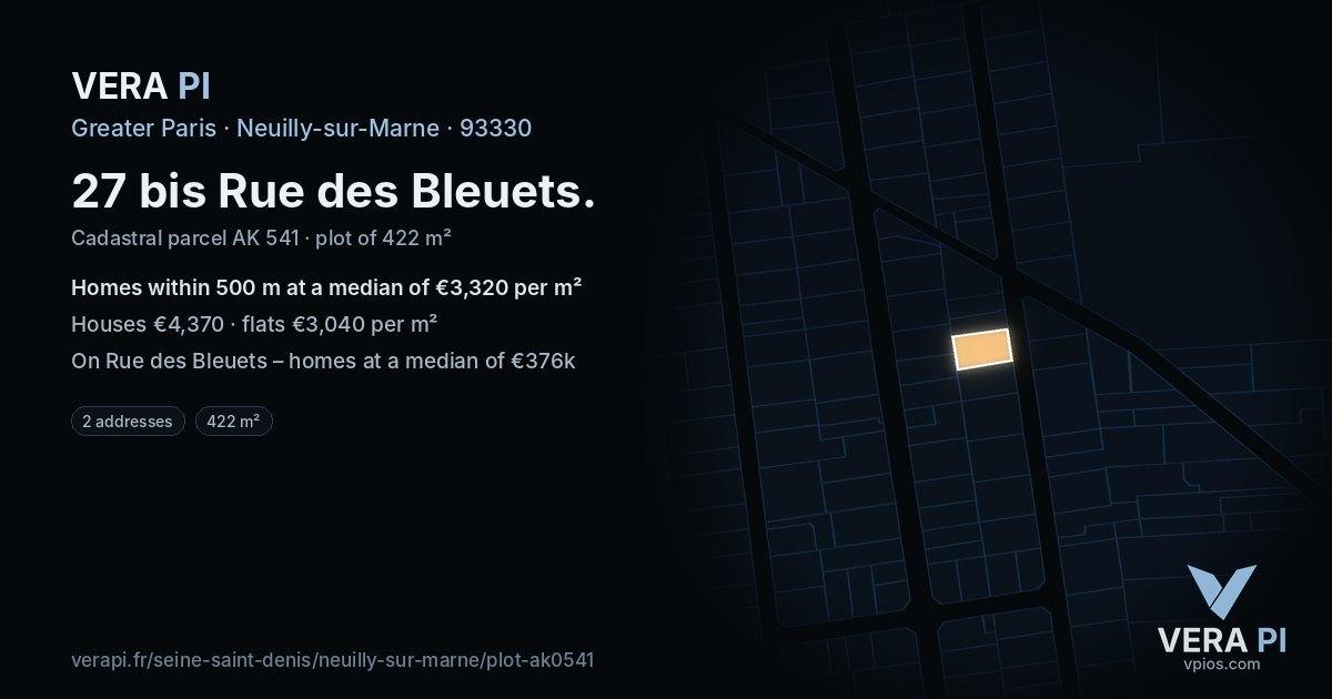27 bis Rue des Bleuets, Neuilly-sur-Marne at night – the plot lit, the parcels around coloured by the prices near them