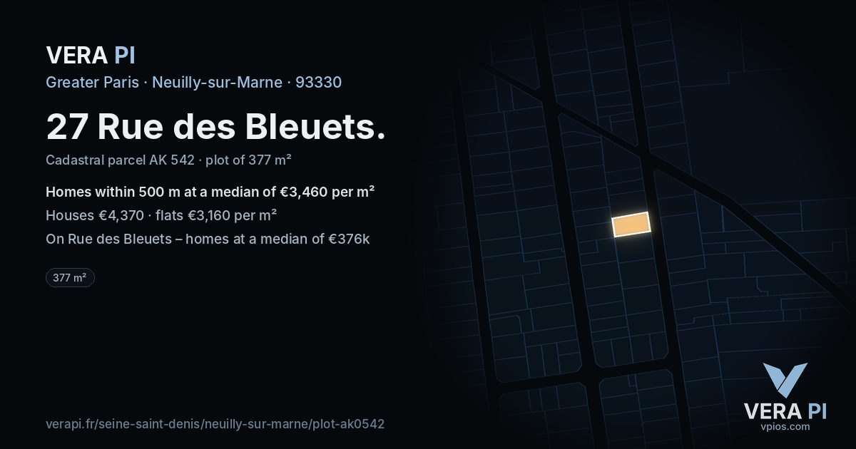 27 Rue des Bleuets, Neuilly-sur-Marne at night – the plot lit, the parcels around coloured by the prices near them