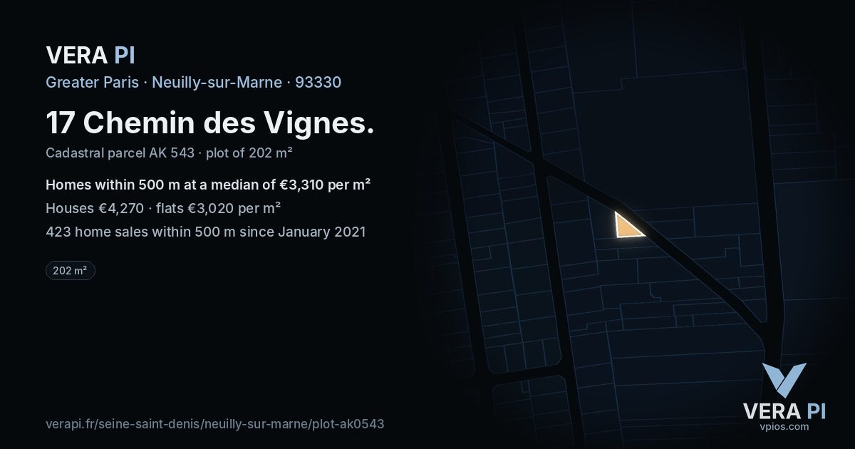 17 Chemin des Vignes, Neuilly-sur-Marne at night – the plot lit, the parcels around coloured by the prices near them