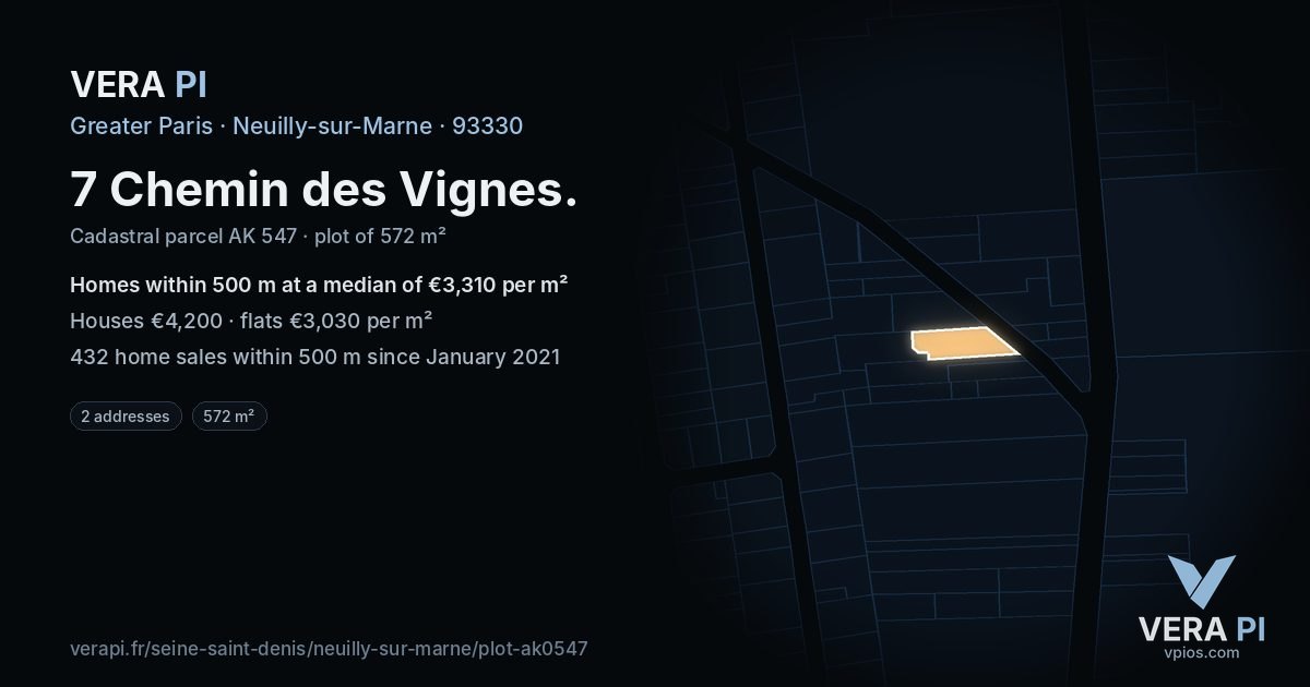 7 Chemin des Vignes, Neuilly-sur-Marne at night – the plot lit, the parcels around coloured by the prices near them