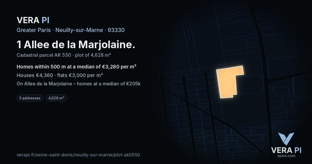 1 Allee de la Marjolaine, Neuilly-sur-Marne at night – the plot lit, the parcels around coloured by the prices near them