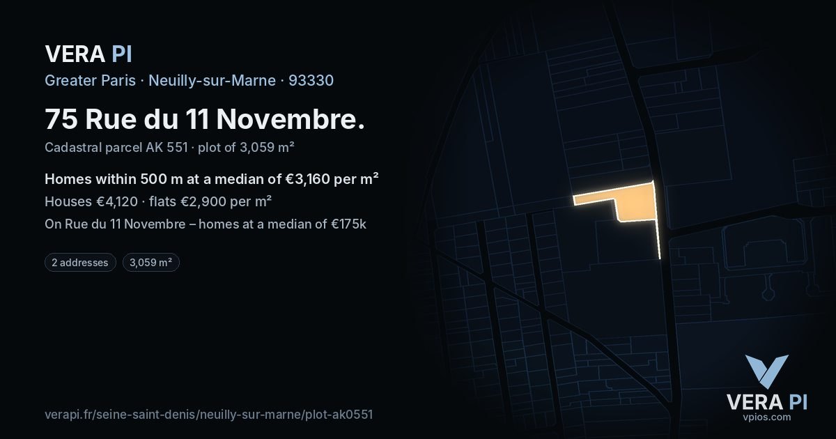 75 Rue du 11 Novembre, Neuilly-sur-Marne at night – the plot lit, the parcels around coloured by the prices near them