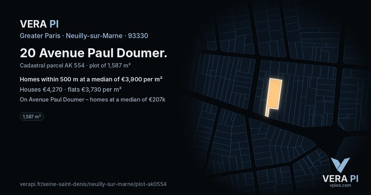 20 Avenue Paul Doumer, Neuilly-sur-Marne at night – the plot lit, the parcels around coloured by the prices near them