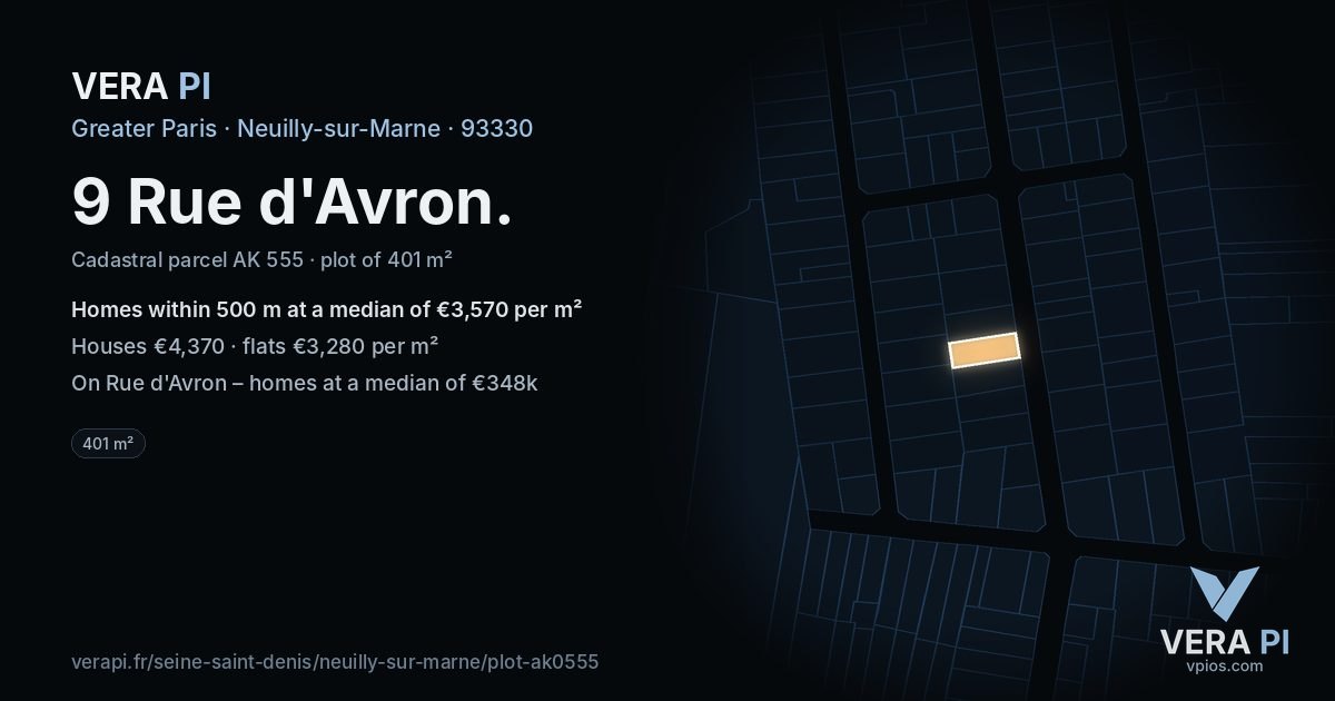 9 Rue d'Avron, Neuilly-sur-Marne at night – the plot lit, the parcels around coloured by the prices near them