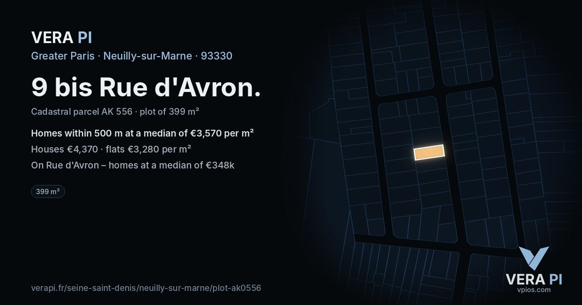 9 bis Rue d'Avron, Neuilly-sur-Marne at night – the plot lit, the parcels around coloured by the prices near them