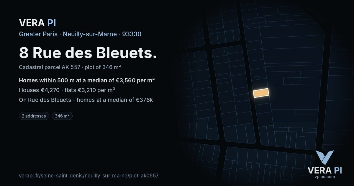 8 Rue des Bleuets, Neuilly-sur-Marne at night – the plot lit, the parcels around coloured by the prices near them