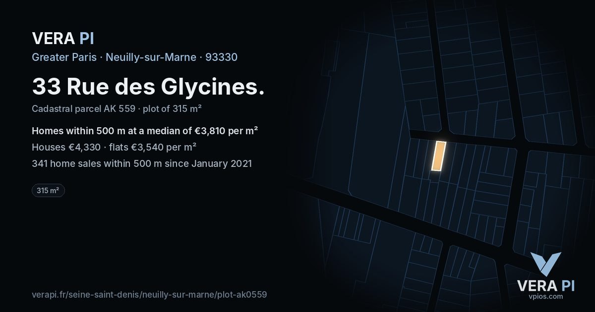 33 Rue des Glycines, Neuilly-sur-Marne at night – the plot lit, the parcels around coloured by the prices near them